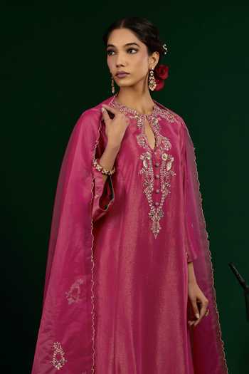 Shop_Omana By Ranjana Bothra_Pink Linen, Tissue, Shantoon, Organza Embroidery, Zari, Taraani Kurta Set _Online_at_Aza_Fashions