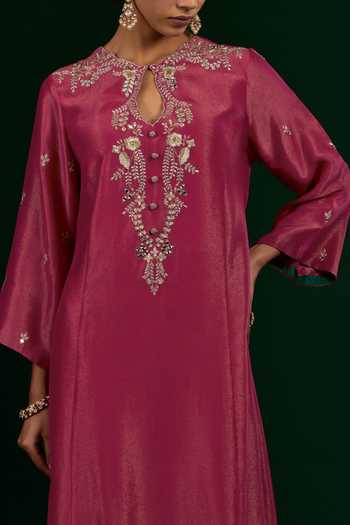 Omana By Ranjana Bothra_Pink Linen, Tissue, Shantoon, Organza Embroidery, Zari, Taraani Kurta Set _at_Aza_Fashions
