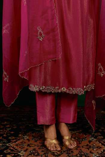Buy_Omana By Ranjana Bothra_Pink Linen, Tissue, Shantoon, Organza Embroidery, Zari, Taraani Kurta Set 