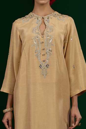 Buy_Omana By Ranjana Bothra_Beige Linen, Tissue, Organza Embroidery, Zari, Mirrors Taraani Kurta Set 