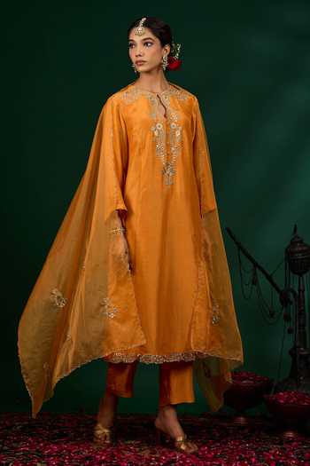 Buy_Omana By Ranjana Bothra_Orange Linen, Tissue, Organza Embroidery, Zari, Mirrors Taraani Kurta Set _Online_at_Aza_Fashions