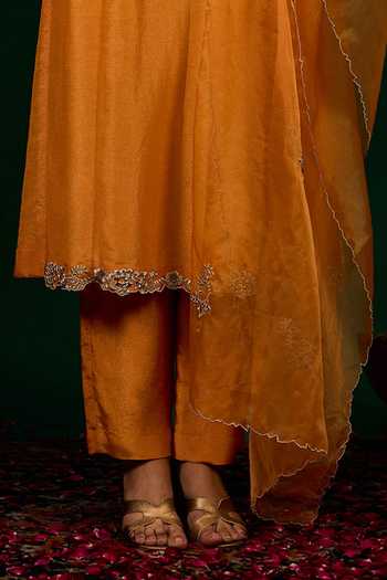 Shop_Omana By Ranjana Bothra_Orange Linen, Tissue, Organza Embroidery, Zari, Mirrors Taraani Kurta Set _Online_at_Aza_Fashions