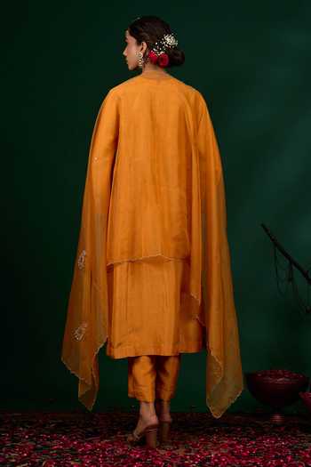 Shop_Omana By Ranjana Bothra_Orange Linen, Tissue, Organza Embroidery, Zari, Mirrors Taraani Kurta Set _at_Aza_Fashions