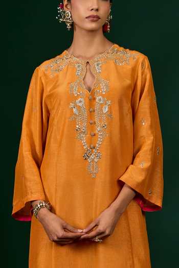 Buy_Omana By Ranjana Bothra_Orange Linen, Tissue, Organza Embroidery, Zari, Mirrors Taraani Kurta Set 