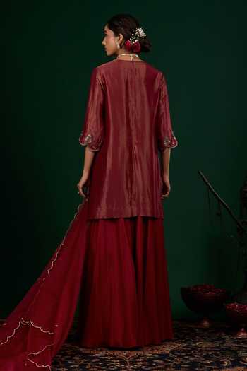 Shop_Omana By Ranjana Bothra_Burgundy Crepe, Tissue, Organza, Silk, Shantoon Ruhani Kurta Sharara Set _at_Aza_Fashions