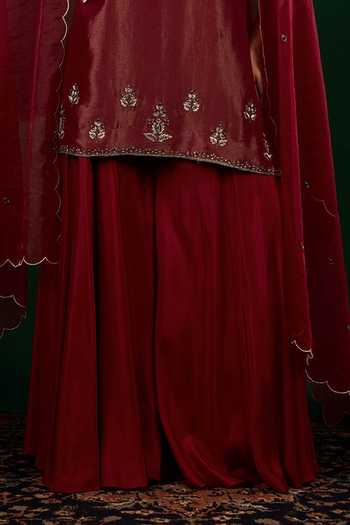 Omana By Ranjana Bothra_Burgundy Crepe, Tissue, Organza, Silk, Shantoon Ruhani Kurta Sharara Set _Online_at_Aza_Fashions
