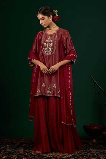 Buy_Omana By Ranjana Bothra_Burgundy Crepe, Tissue, Organza, Silk, Shantoon Ruhani Kurta Sharara Set _Online_at_Aza_Fashions