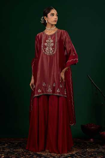 Shop_Omana By Ranjana Bothra_Burgundy Crepe, Tissue, Organza, Silk, Shantoon Ruhani Kurta Sharara Set _Online_at_Aza_Fashions