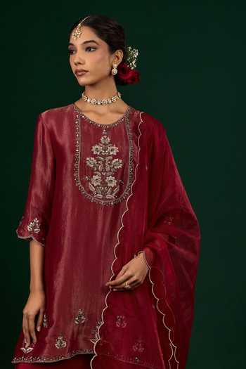 Omana By Ranjana Bothra_Burgundy Crepe, Tissue, Organza, Silk, Shantoon Ruhani Kurta Sharara Set _at_Aza_Fashions