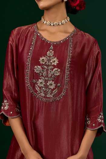 Buy_Omana By Ranjana Bothra_Burgundy Crepe, Tissue, Organza, Silk, Shantoon Ruhani Kurta Sharara Set 