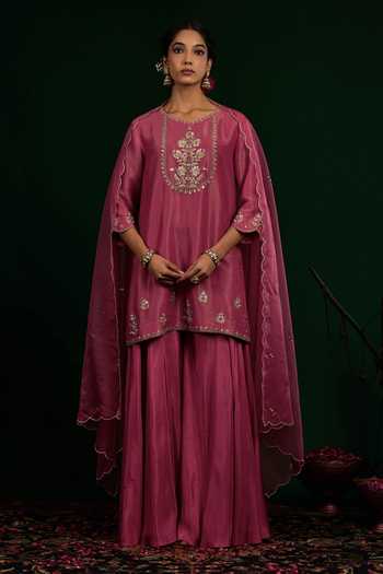 Omana By Ranjana Bothra_Purple Crepe, Tissue, Organza, Silk, Shantoon Ruhani Kurta Sharara Set _at_Aza_Fashions