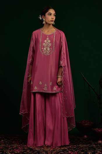 Buy_Omana By Ranjana Bothra_Purple Crepe, Tissue, Organza, Silk, Shantoon Ruhani Kurta Sharara Set 
