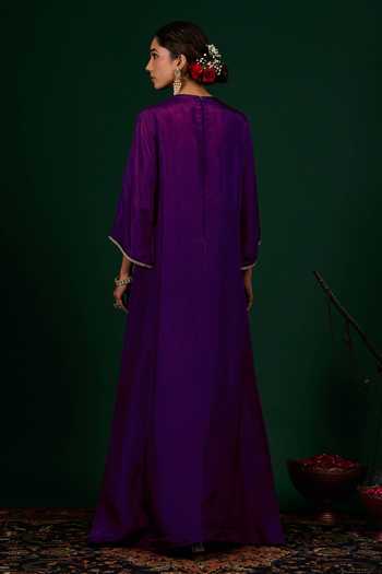 Shop_Omana By Ranjana Bothra_Purple Silk Embroidery, Zari, Mirrors Keyhole Neck Gulnaar Kaftan Dress _at_Aza_Fashions