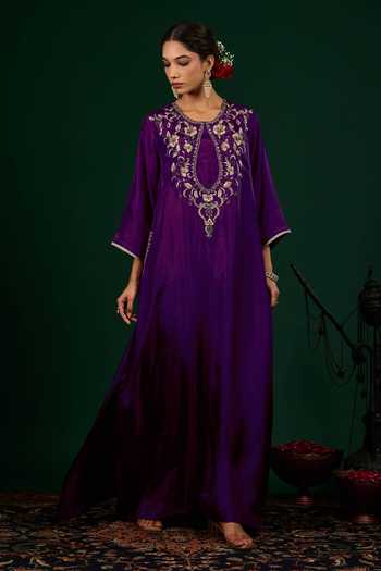 Omana By Ranjana Bothra_Purple Silk Embroidery, Zari, Mirrors Keyhole Neck Gulnaar Kaftan Dress _Online_at_Aza_Fashions