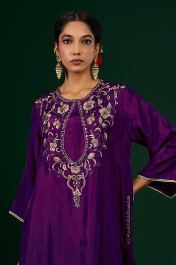 Buy_Omana By Ranjana Bothra_Purple Silk Embroidery, Zari, Mirrors Keyhole Neck Gulnaar Kaftan Dress _Online_at_Aza_Fashions