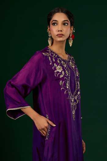 Shop_Omana By Ranjana Bothra_Purple Silk Embroidery, Zari, Mirrors Keyhole Neck Gulnaar Kaftan Dress _Online_at_Aza_Fashions