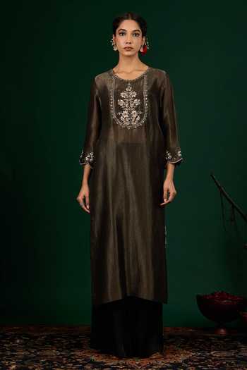 Buy_Omana By Ranjana Bothra_Black Tissue, Satin Embroidery, Zari, Mirrors Round Ruhani Kurta And Trouser Set _Online_at_Aza_Fashions