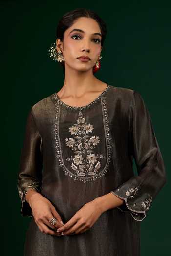 Omana By Ranjana Bothra_Black Tissue, Satin Embroidery, Zari, Mirrors Round Ruhani Kurta And Trouser Set _at_Aza_Fashions