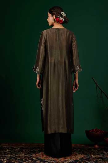 Shop_Omana By Ranjana Bothra_Black Tissue, Satin Embroidery, Zari, Mirrors Round Ruhani Kurta And Trouser Set _at_Aza_Fashions