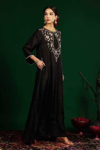 Buy_Omana By Ranjana Bothra_Black Silk Embroidery, Zari, Mirrors Keyhole Neck Gulnaar Tabby Kaftan _Online_at_Aza_Fashions
