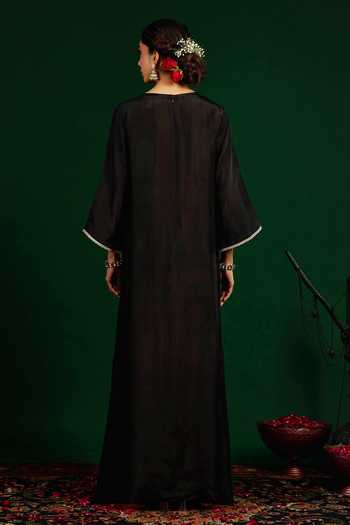 Shop_Omana By Ranjana Bothra_Black Silk Embroidery, Zari, Mirrors Keyhole Neck Gulnaar Tabby Kaftan _at_Aza_Fashions