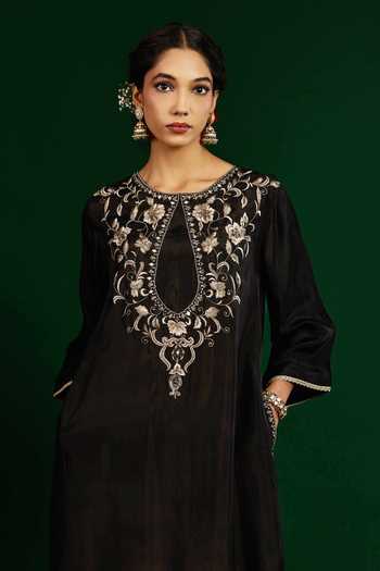 Shop_Omana By Ranjana Bothra_Black Silk Embroidery, Zari, Mirrors Keyhole Neck Gulnaar Tabby Kaftan _Online_at_Aza_Fashions