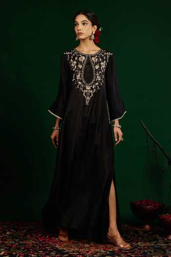 Omana By Ranjana Bothra_Black Silk Embroidery, Zari, Mirrors Keyhole Neck Gulnaar Tabby Kaftan _at_Aza_Fashions