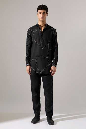 Son Of A Noble Snob_Black Linen Daniel Riplee Printed Kurta Set _Online_at_Aza_Fashions