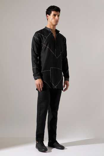Son Of A Noble Snob_Black Linen Daniel Riplee Printed Kurta Set _at_Aza_Fashions