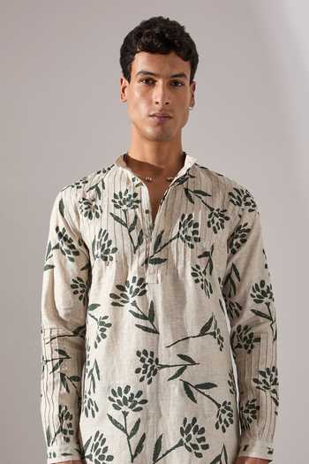 Son Of A Noble Snob_Ivory Linen Abel Paradise Printed Kurta Set _Online_at_Aza_Fashions