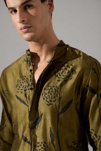 Son Of A Noble Snob_Green Chanderi James Estate Printed Kurta Set _Online_at_Aza_Fashions