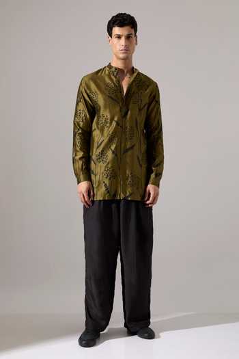 Shop_Son Of A Noble Snob_Green Chanderi James Estate Printed Kurta Set _Online_at_Aza_Fashions
