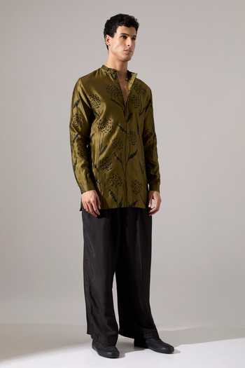 Son Of A Noble Snob_Green Chanderi James Estate Printed Kurta Set _at_Aza_Fashions