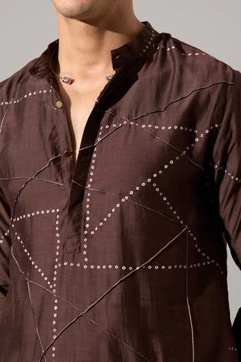 Shop_Son Of A Noble Snob_Brown Modal Abelard Riplee Printed Kurta Set _Online_at_Aza_Fashions