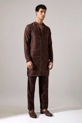 Son Of A Noble Snob_Brown Modal Abelard Riplee Printed Kurta Set _at_Aza_Fashions
