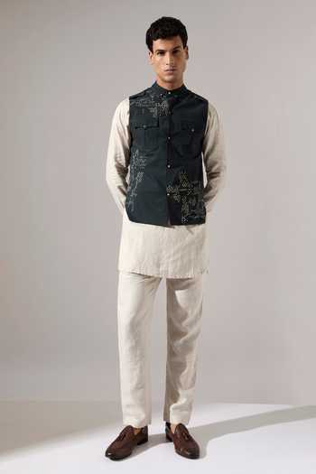 Buy_Son Of A Noble Snob_Green Cotton, Linen Embroidery Squad Bundi Set _at_Aza_Fashions