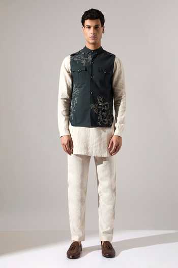Son Of A Noble Snob_Green Cotton, Linen Embroidery Squad Bundi Set _Online_at_Aza_Fashions