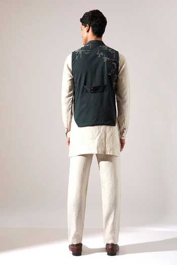 Shop_Son Of A Noble Snob_Green Cotton, Linen Embroidery Squad Bundi Set _at_Aza_Fashions