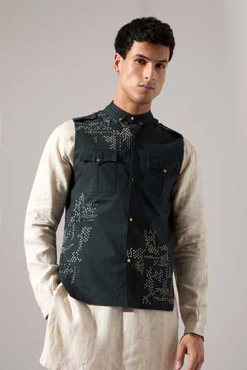 Shop_Son Of A Noble Snob_Green Cotton, Linen Embroidery Squad Bundi Set _Online_at_Aza_Fashions