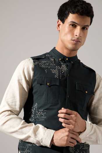 Shop_Son Of A Noble Snob_Green Cotton, Linen Embroidery Squad Bundi Set 