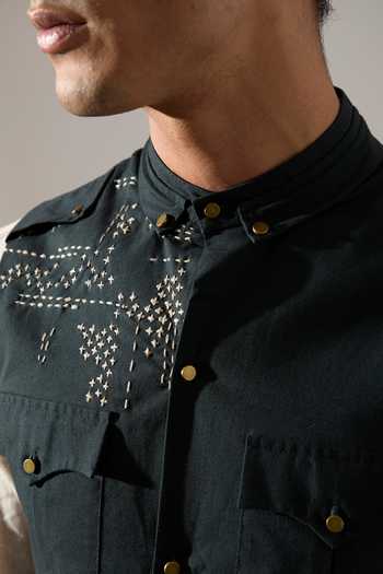 Son Of A Noble Snob_Green Cotton, Linen Embroidery Squad Bundi Set _Online