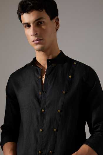 Son Of A Noble Snob_Black Linen Jack Kurta And Pant Set _Online_at_Aza_Fashions