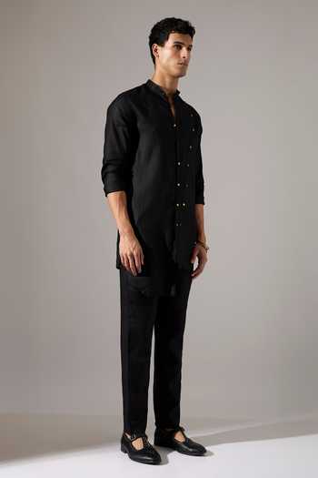 Shop_Son Of A Noble Snob_Black Linen Jack Kurta And Pant Set _Online_at_Aza_Fashions
