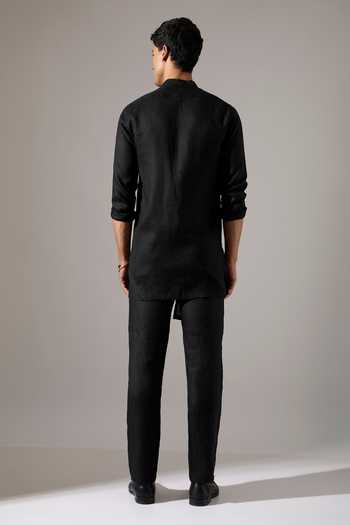 Shop_Son Of A Noble Snob_Black Linen Jack Kurta And Pant Set _at_Aza_Fashions
