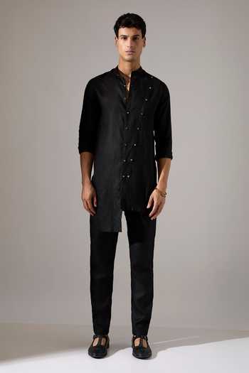 Son Of A Noble Snob_Black Linen Jack Kurta And Pant Set _at_Aza_Fashions