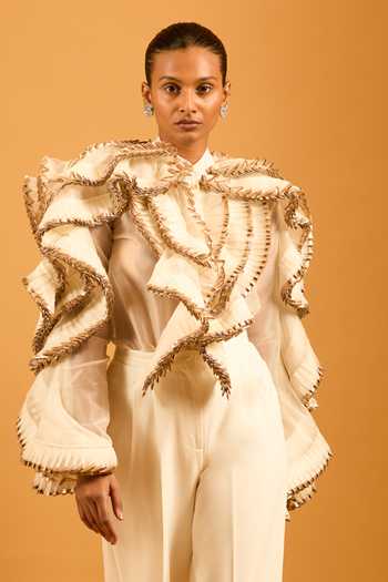 Buy_Siddartha Tytler_Ivory Organza Zari, Ruffles High Neck Metallic-trim Shirt _at_Aza_Fashions