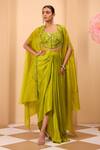 Shop_One Knot One By Ashna_Green Silk Beads, Embroidery V-, Open Drape Skirt And Cape Set _at_Aza_Fashions