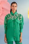 Buy_Parul And Preyanka_Green Silk, Organza Pearls, Fabric Flowers Collared Lily Embroidered Yoke Shirt _at_Aza_Fashions