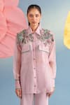 Buy_Parul And Preyanka_Lilac Silk Organza Pearls, Fabric Flowers Collared Rosie Embroidered Yoke Shirt _at_Aza_Fashions