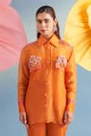 Buy_Parul And Preyanka_Orange Silk Organza Applique, Fabric Flowers Collared Lana Embroidered Shirt _at_Aza_Fashions